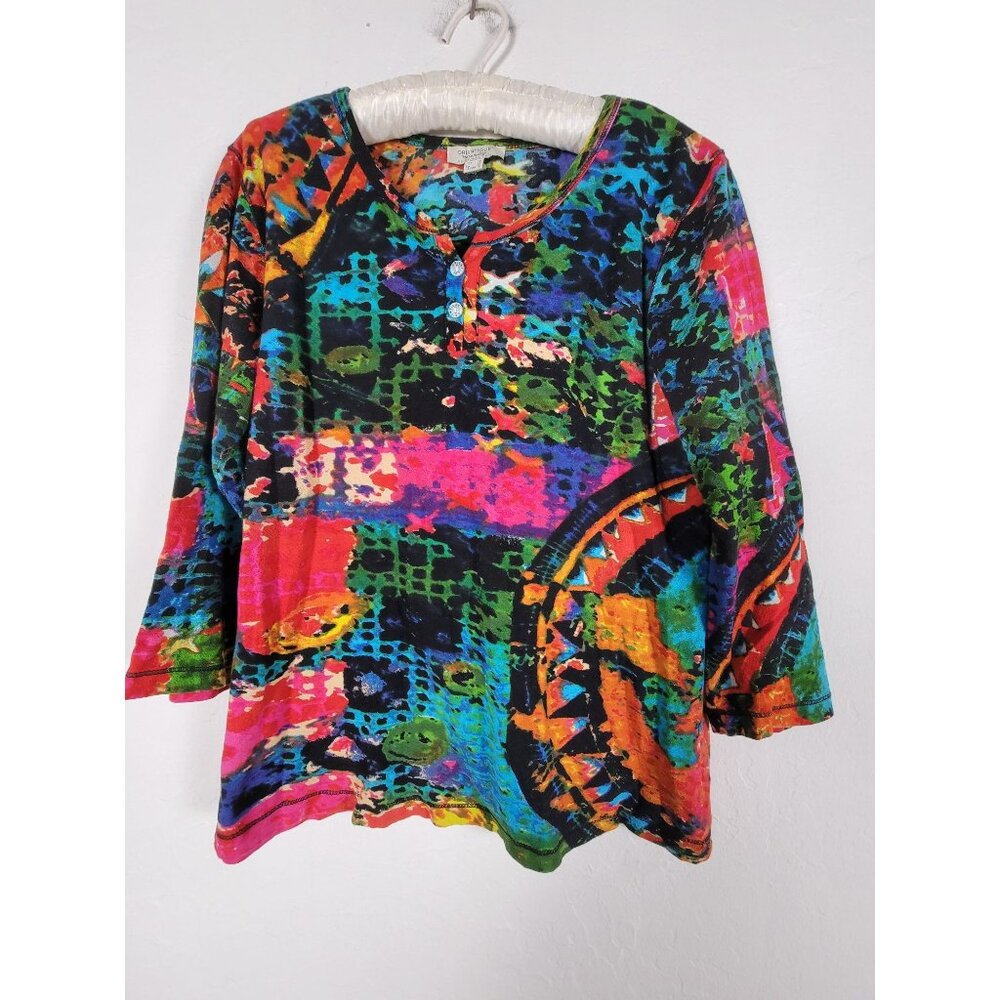 Orientique Womens Colorful Abstract Print Organic Cotton 3/4 Sleeve Top Small